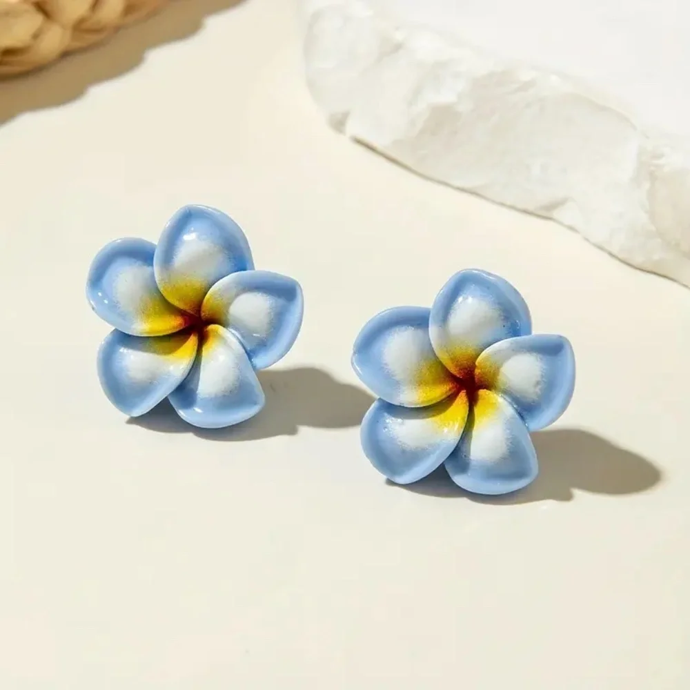 Blue Plumeria Flower Earrings | Tropical Island Jewelry - Picture 1 of 1